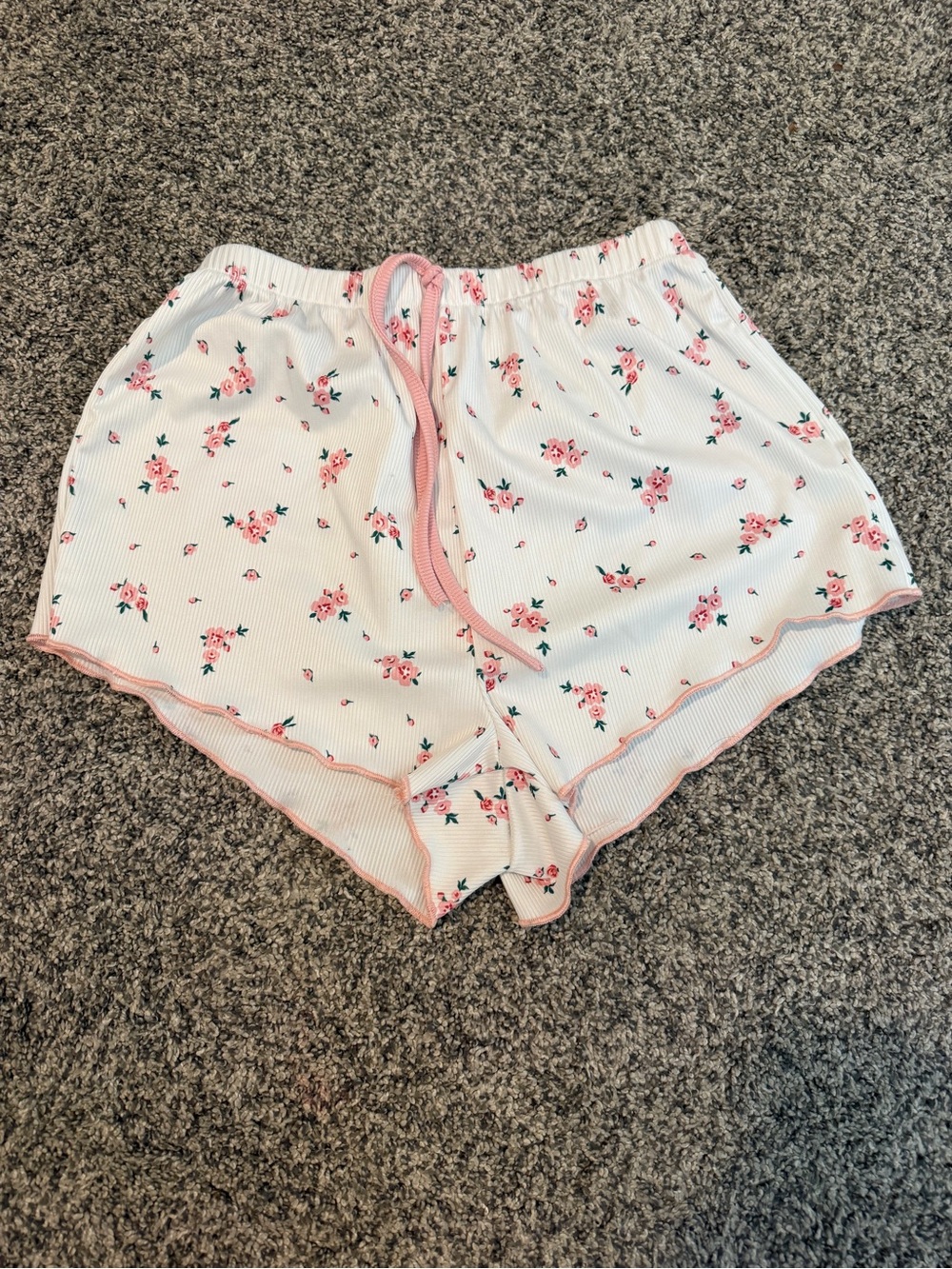 Floral Ribbed Sleep Shorts - White with Pink Floral Trim